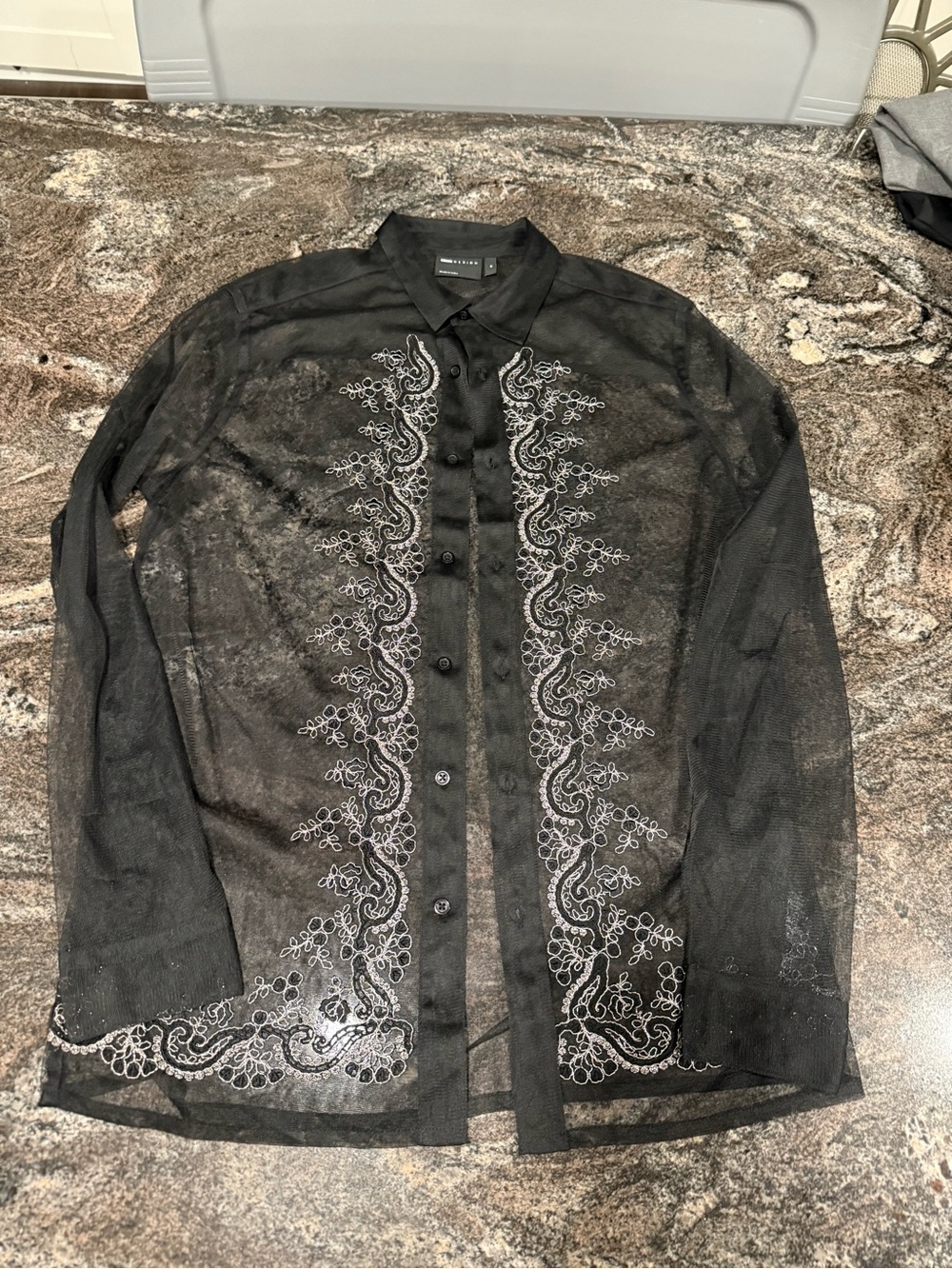 ASOS Sheer Black Embroidered Button-Up Shirt